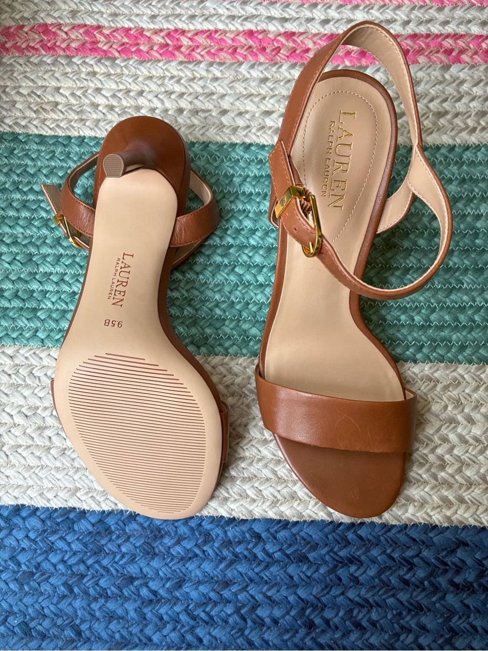 Lauren Ralph Lauren Tan Leather Ankle Strap Stiletto Heels Sandals 9.5B - Picture 3 of 4